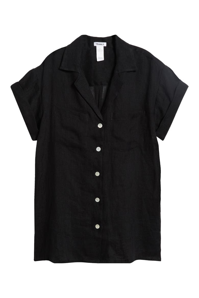 Playa Pocket Linen Cover-Up Button-Up Shirt, Alternate, color, BLACK ECO LINEN