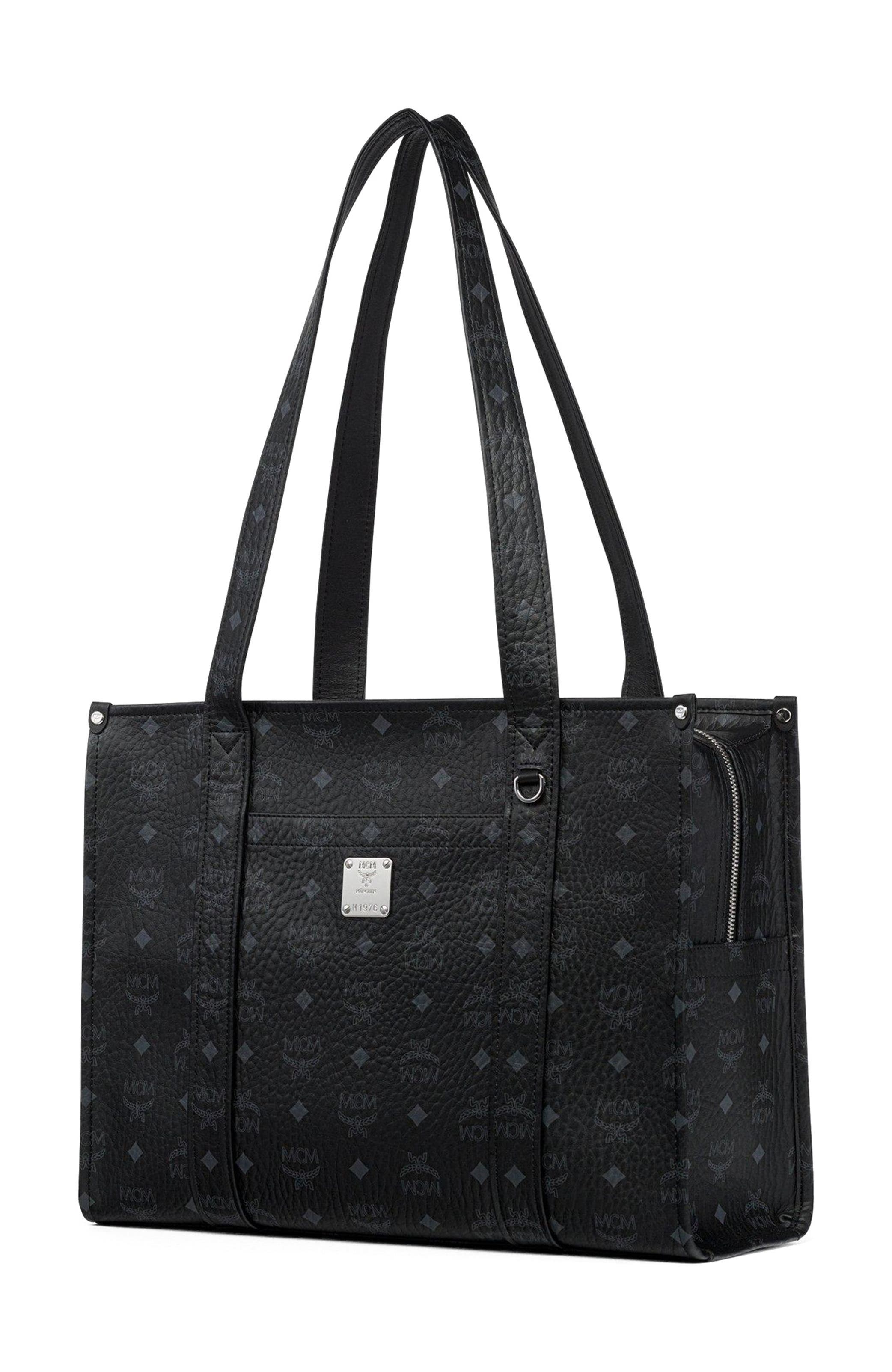 MCM Small Aren School Bag Tote in Visetos, Alternate, color, Black