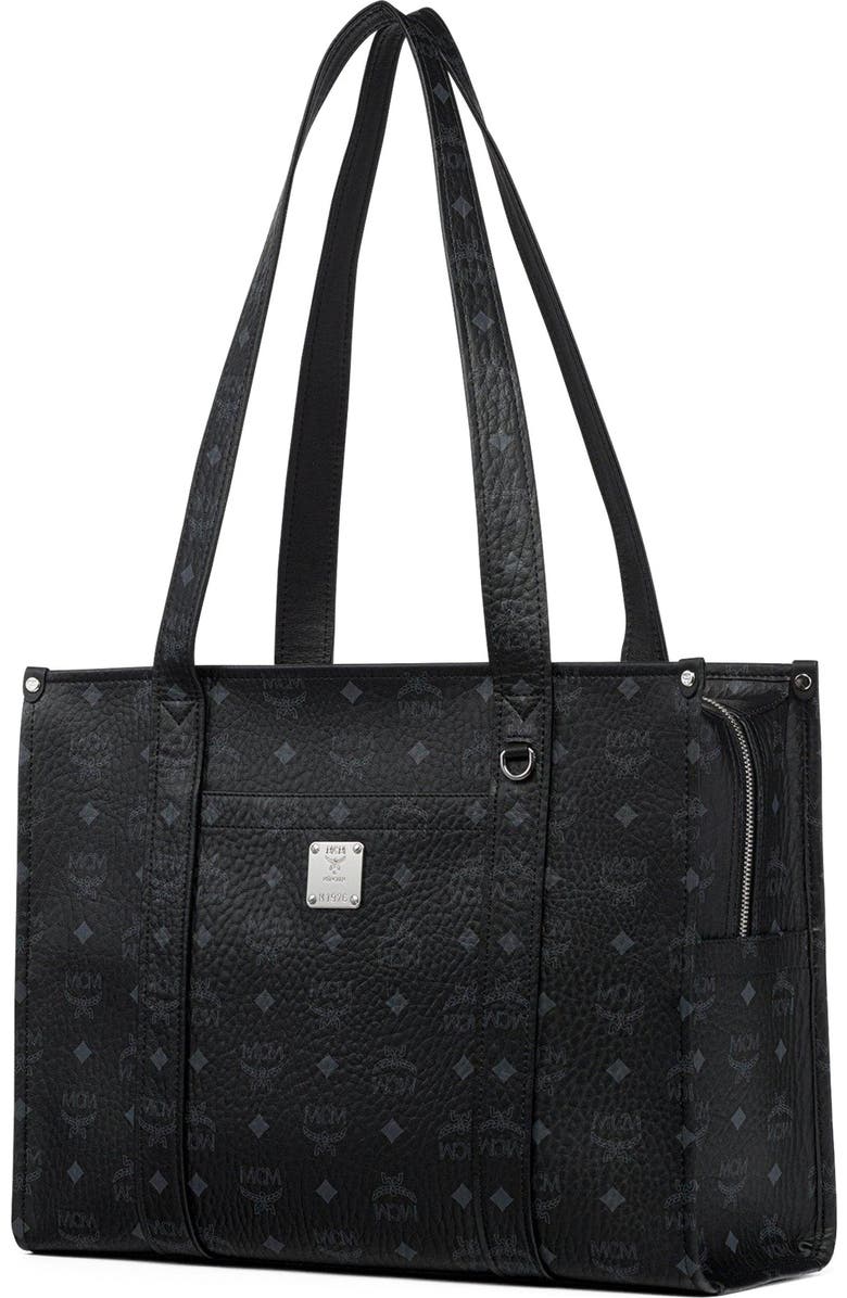 MCM Small Aren School Bag Tote in Visetos, Alternate, color, Black