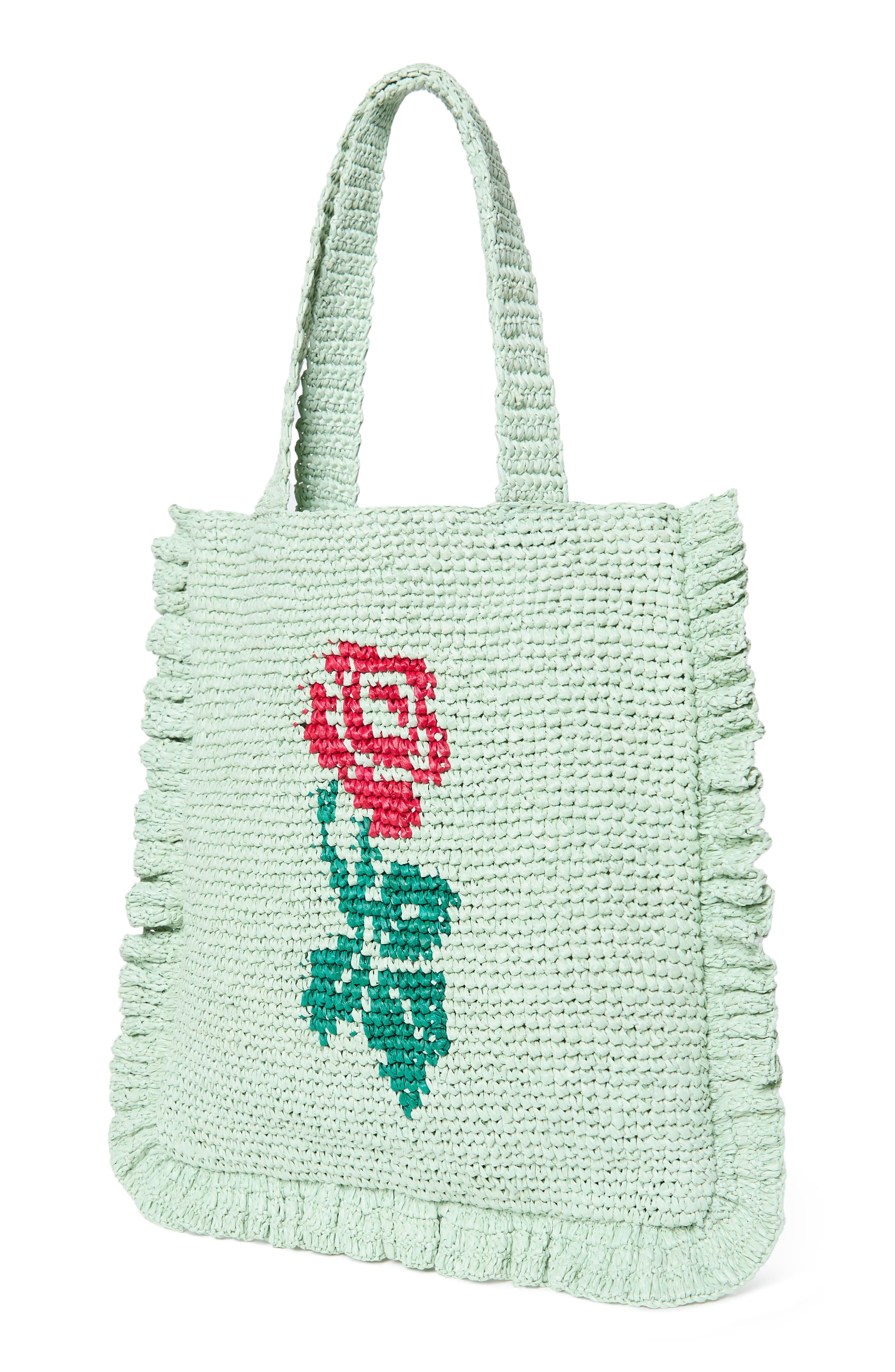 Loeffler Randall Justine Raffia Ruffle Tote Bag, Alternate, color, Mint/ Red/ Green
