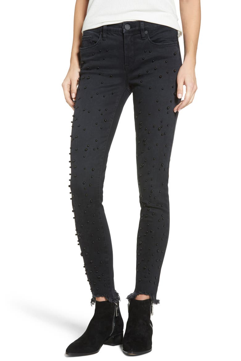 Faux Pearl Embellished Skinny Jeans, Main, color, STAR SIGN BLACK