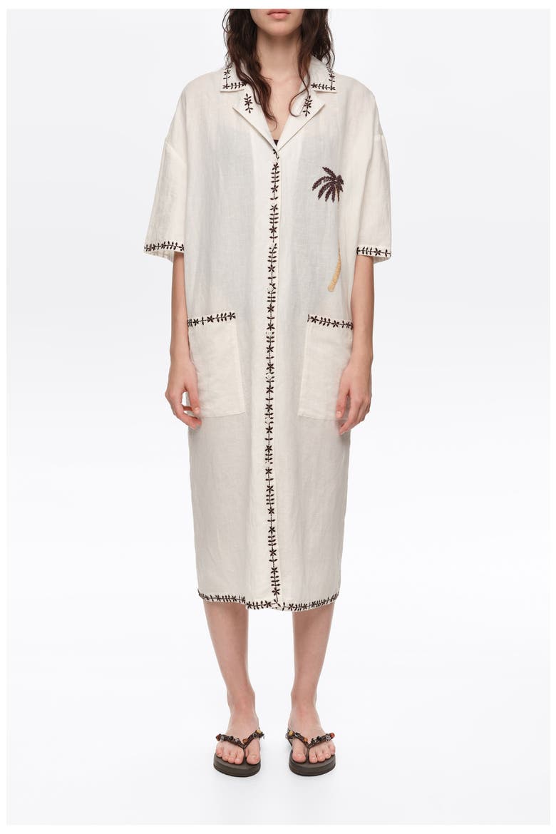 Linen Palm Tree Shirt Dress, Alternate, color, IVORY