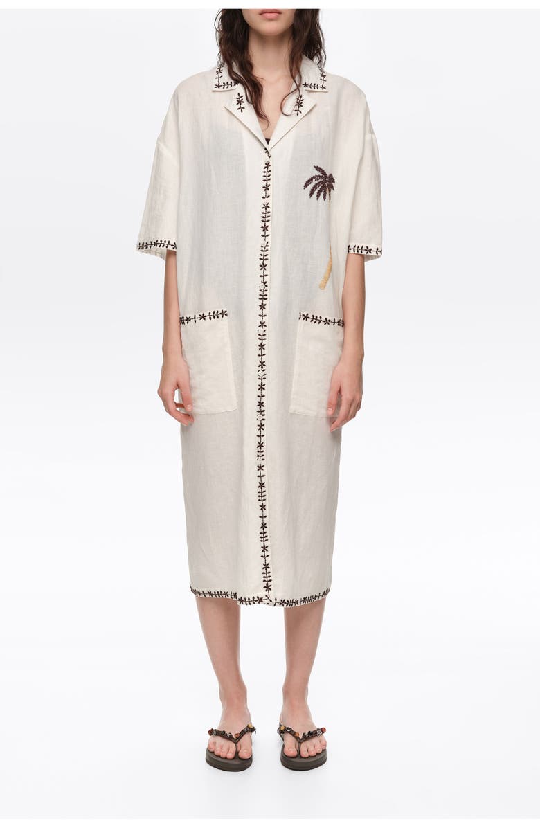 Bimba y Lola Linen Palm Tree Shirt Dress, Alternate, color, Ivory