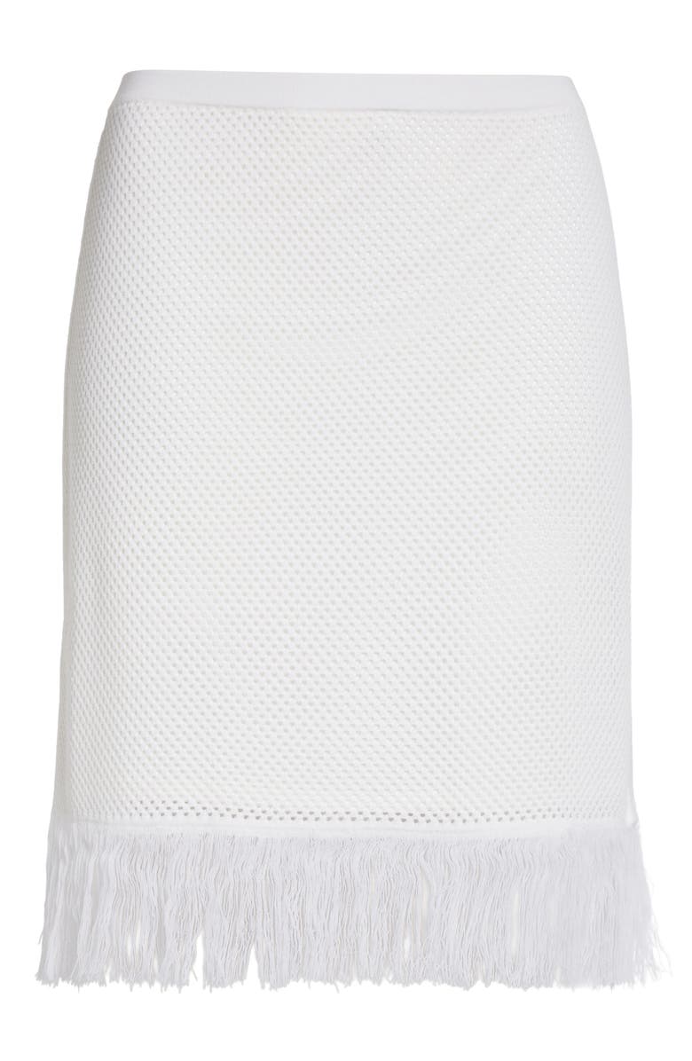 FERRAGAMO Open Knit Fringe Short Sleeve Virgin Wool Sweater Skirt, Alternate, color, White