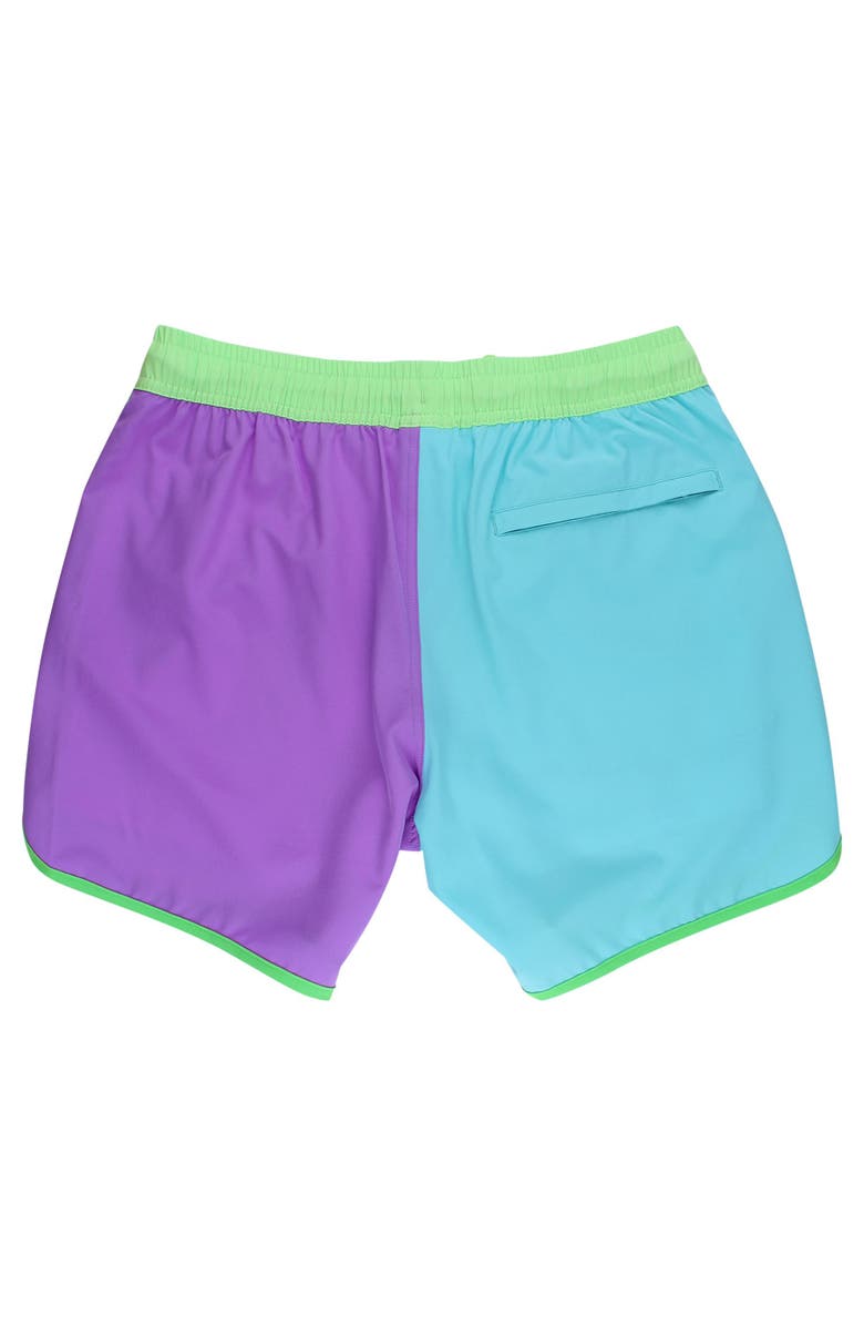 RuggedButts UPF50+ Sun Protected Men's Stretch Dolphin Hem Swim Trunks, Alternate, color, Neon Bright Aqua Color Block
