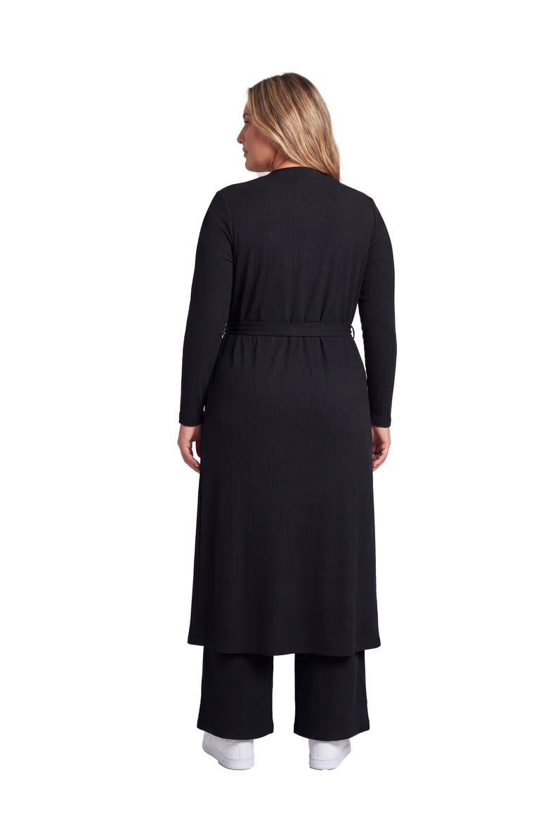 24seven Comfort Apparel Curvy Basic Long Sleeve Tie Waist Soft Jacket and Elastic Waist Wide Leg Pant Set, Alternate, color, Black