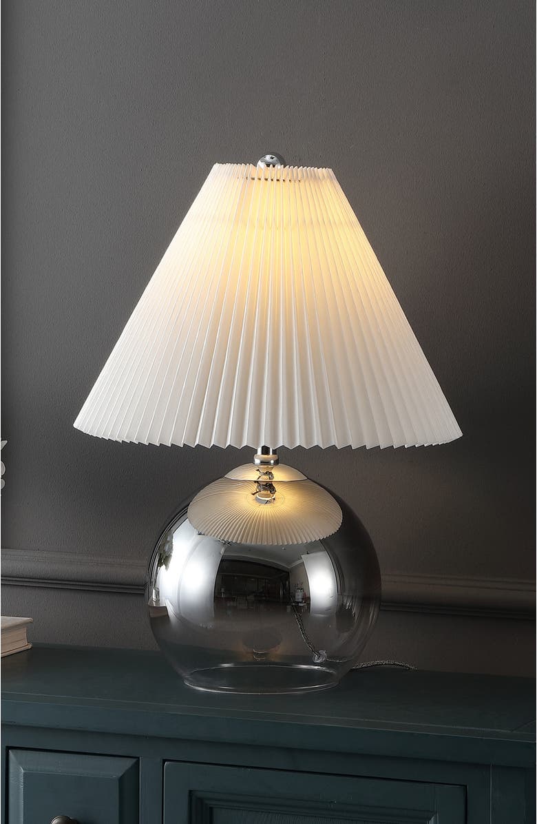 JONATHAN Y Louisa 22.5" Mid-Century Modern Round Glass/Iron Pleated Shade LED Table Lamp, Smoke Gradient/Chrome, Alternate, color, Smoke Gradient/Chrome