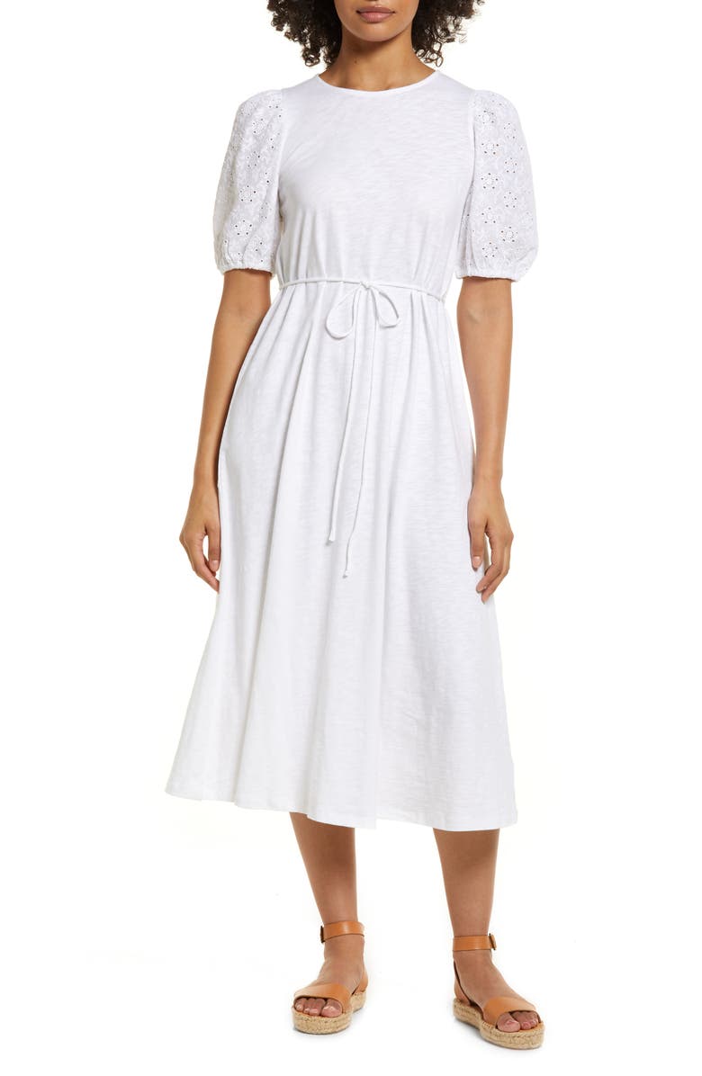 Boden Broderie Puff Sleeve Cotton Jersey Midi Dress, Main, color, 
