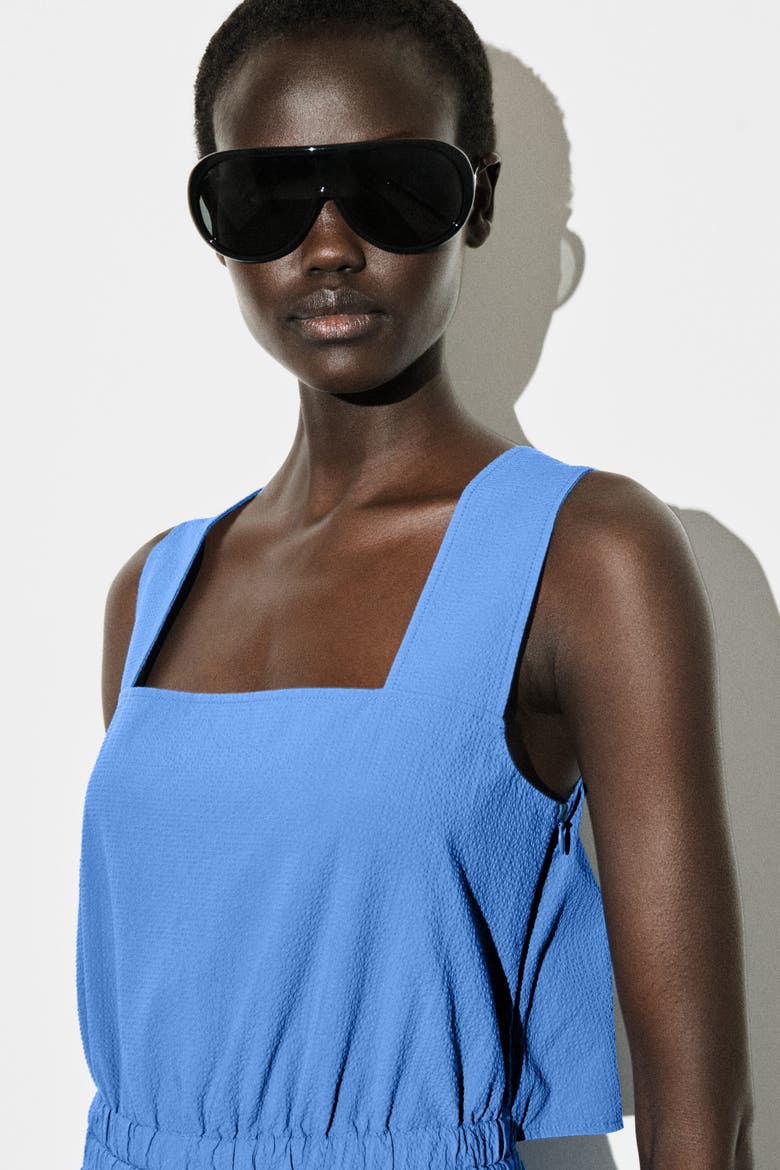 Open-back Seersucker Wide-leg Jumpsuit, Alternate, color, BLUE