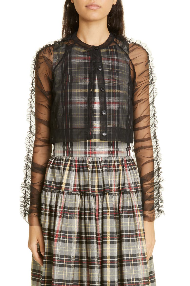 Monique Soft Tulle Crop Cardigan, Main, color, BLACK