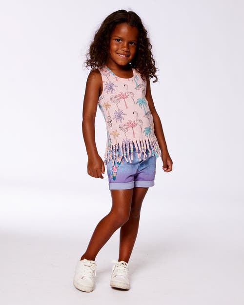 DEUX PAR DEUX DEUX PAR DEUX GIRL'S PRINTED ORGANIC COTTON TANK TOP WITH FRINGE PALM TREES, PINK FLAMINGO, AND TURQ