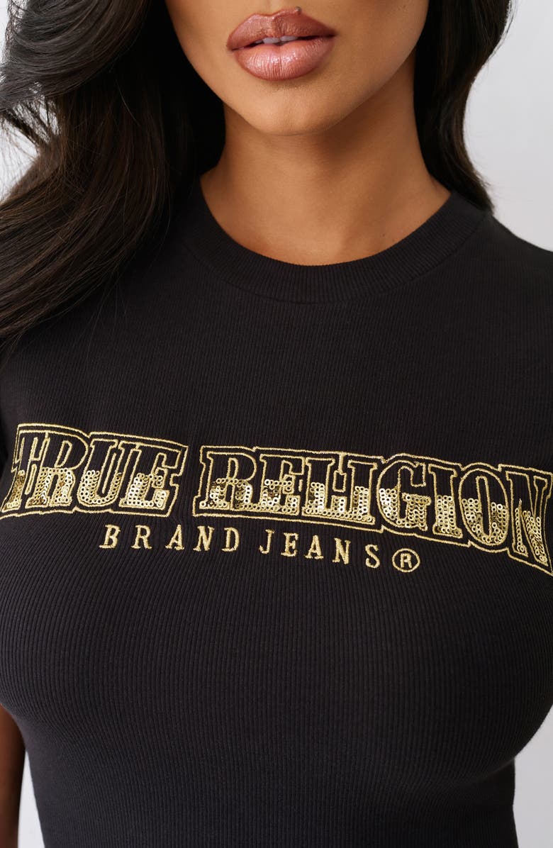 True Religion Rib Sequin Lettuce Edge T-Shirt, Alternate, color, Jet Black