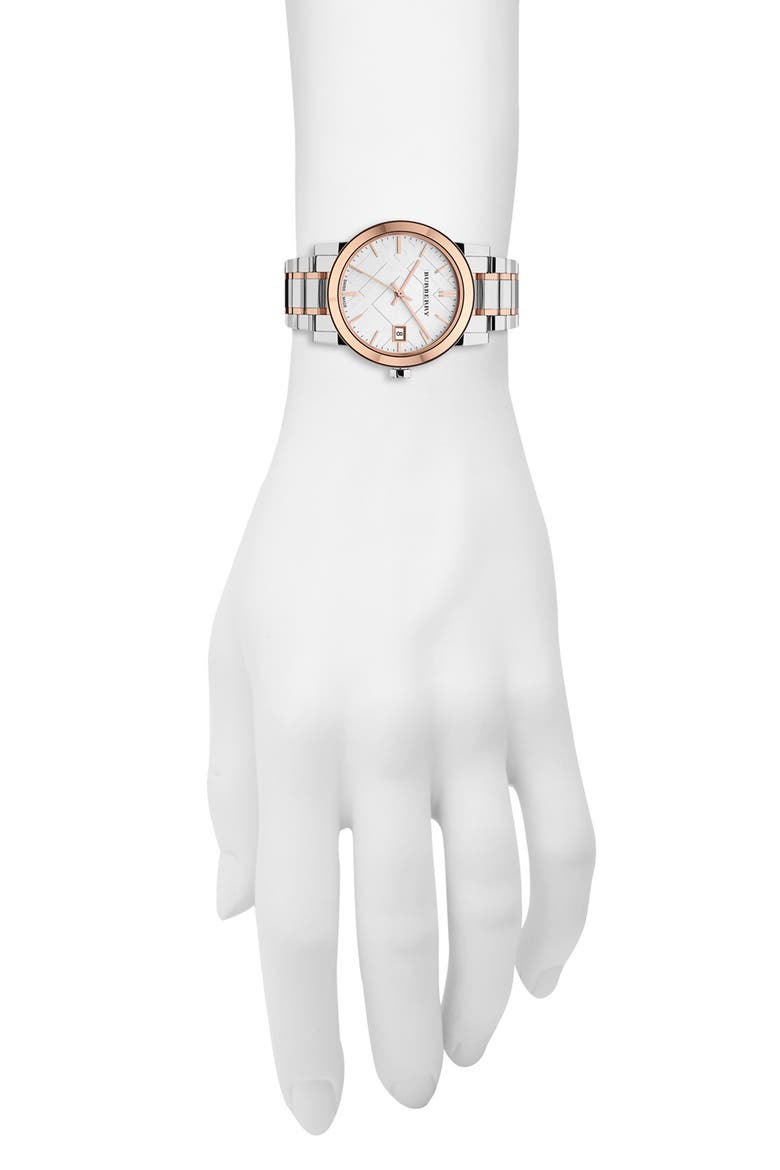 Medium Check Stamped Bracelet Watch, 34mm, Alternate, color, SILVER/ ROSE GOLD
