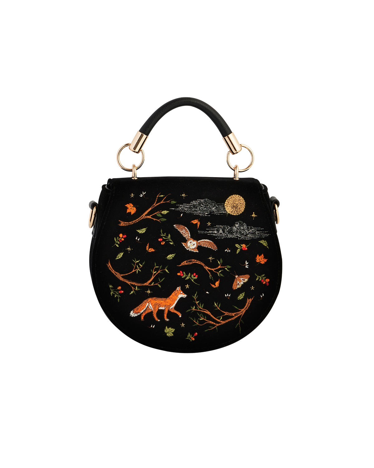 Fable England Fox & Owl Embroidered Black Top Handle Saddle Bag, Main, color, Black