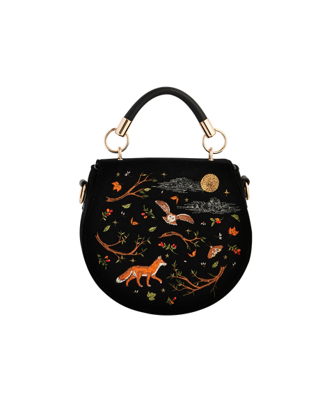 Fox & Owl Embroidered Black Top Handle Saddle Bag