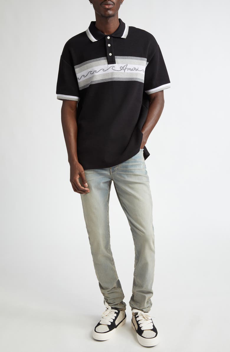 AMIRI Wave Baja Stripe Piqué Knit Polo, Alternate, color, Black