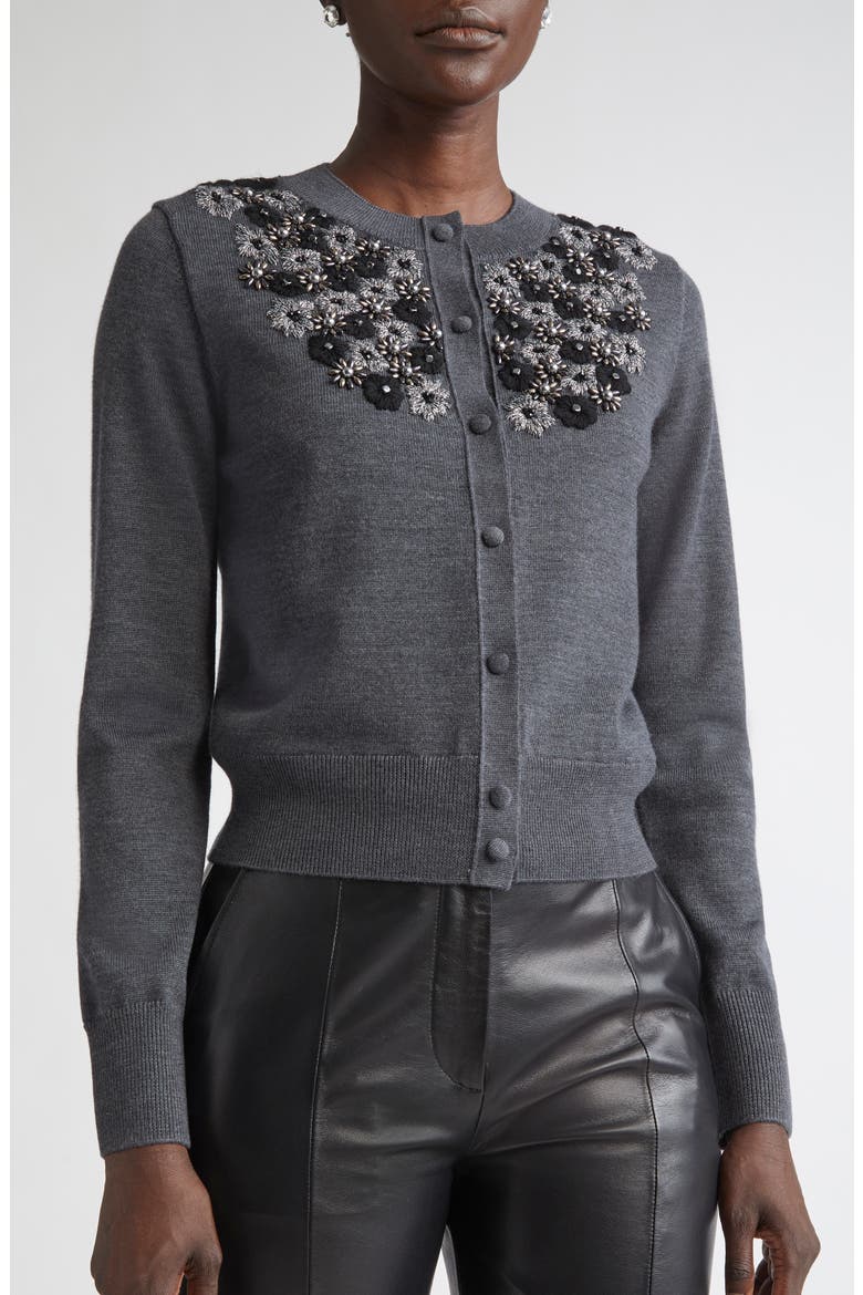 Floral Embellished Wool & Silk Cardigan, Alternate, color, MEDIUM GREY MELANGE