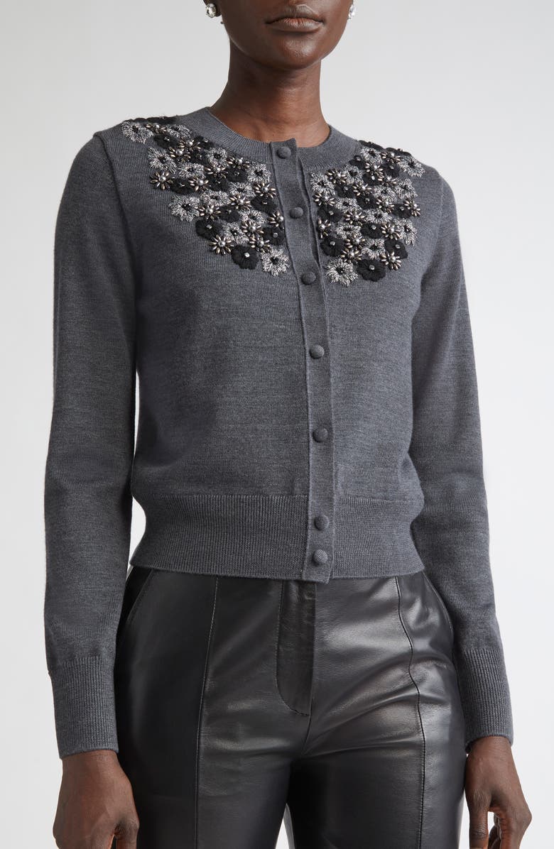 ST. JOHN Floral Embellished Wool & Silk Cardigan, Alternate, color, Medium Grey Melange