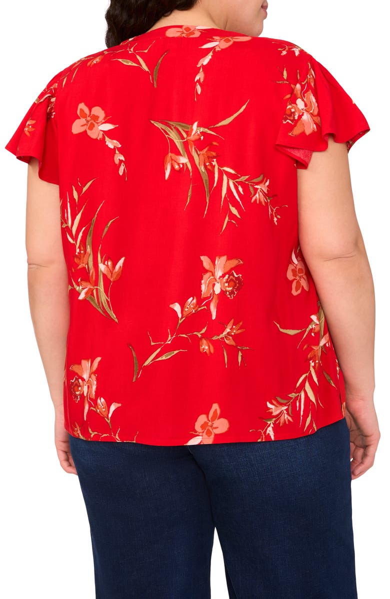 CeCe Floral Flutter Sleeve V-Neck Challis Top, Alternate, color, Fiery Red
