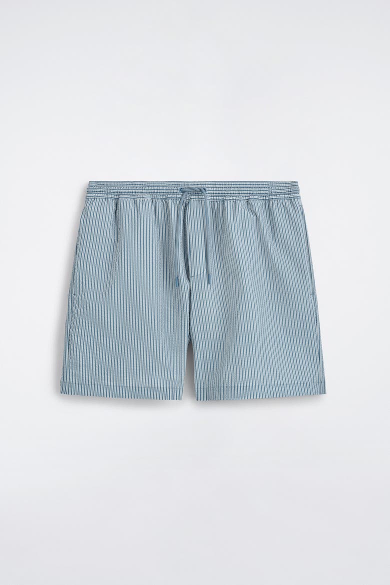 Striped Seersucker Drawstring Swim Trunks, Main, color, BLUE / STRIPED