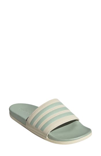 Adidas Originals Adilette Comfort Womens Faux Leather Cushioned Footbed Slide Sandals In White/green Met./green Met.