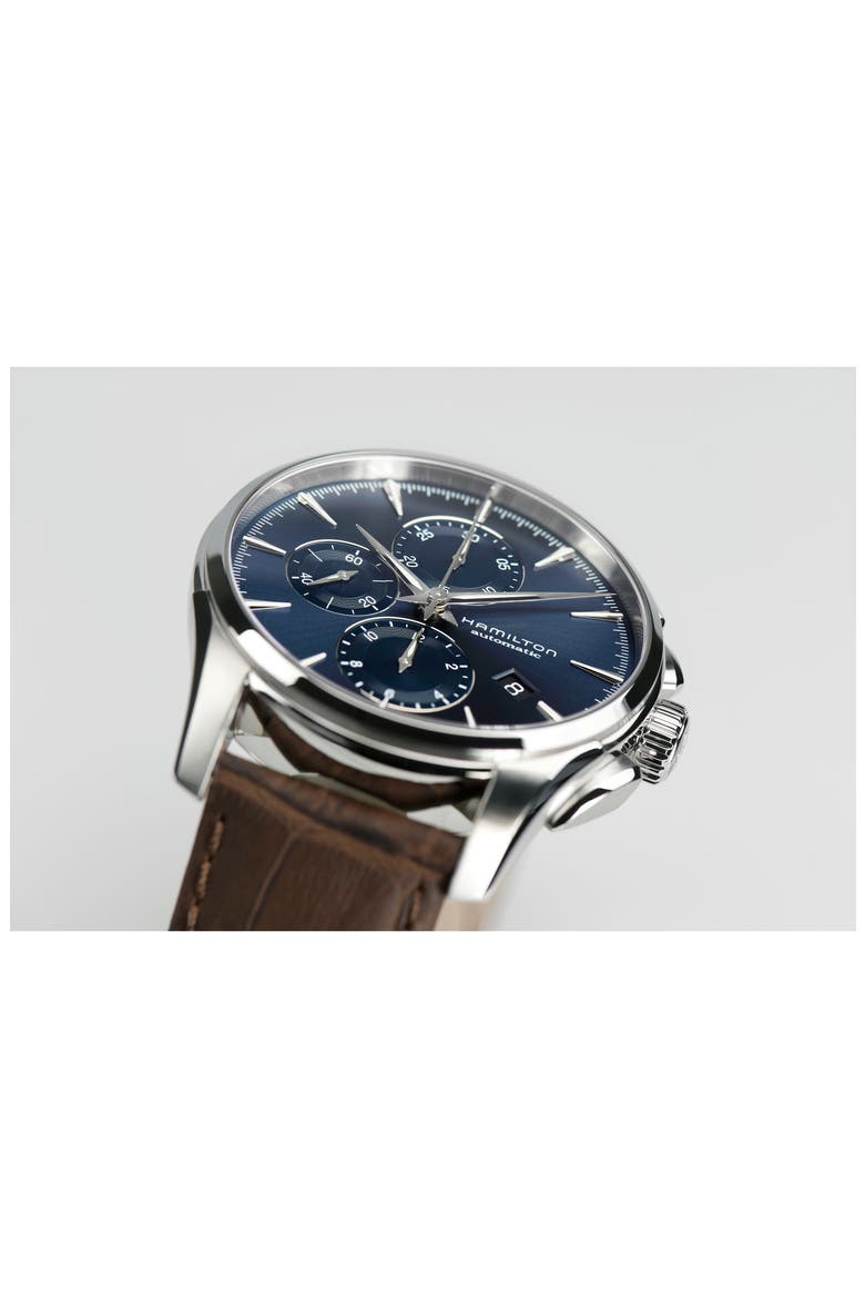 Jazzmaster Multifunction Automatic Leather Strap Watch, 42mm, Alternate, color, BROWN/ BLUE/ SILVER