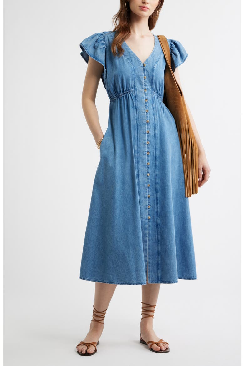Button Front Chambray Midi Dress, Alternate, color, LIGHT BLUE WASH