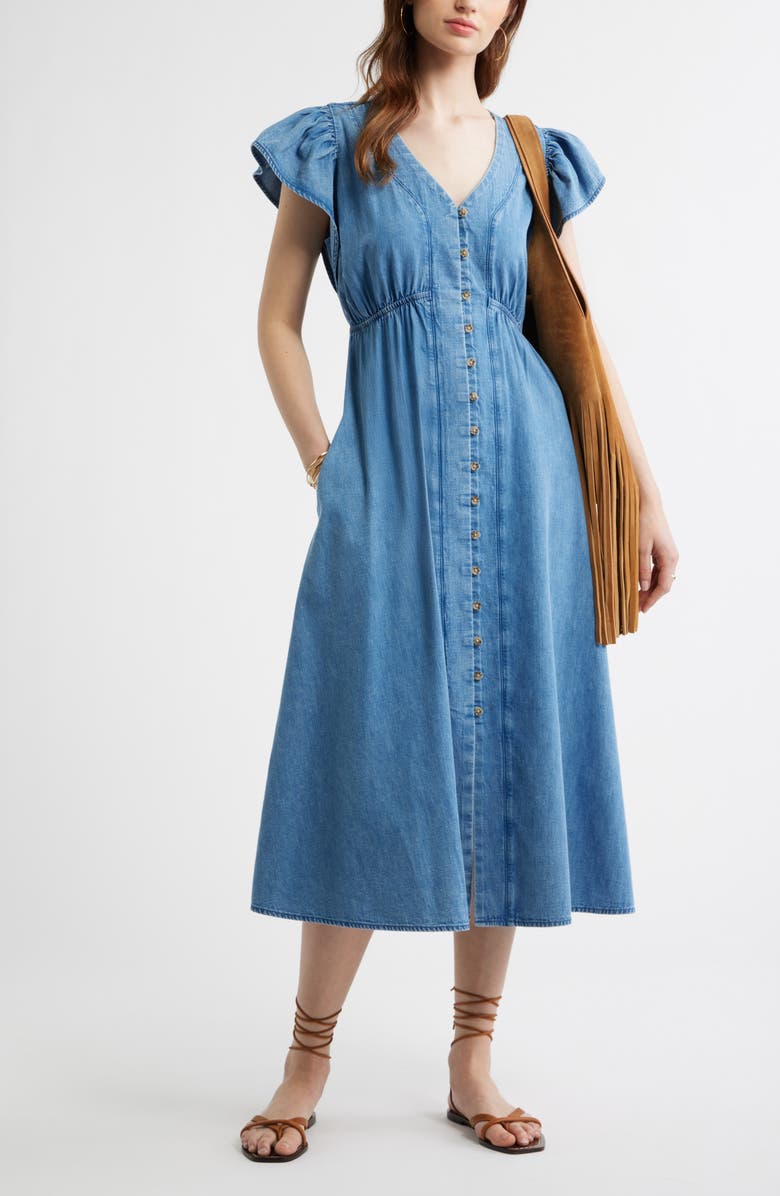 Treasure & Bond Button Front Chambray Midi Dress, Alternate, color, Light Blue Wash