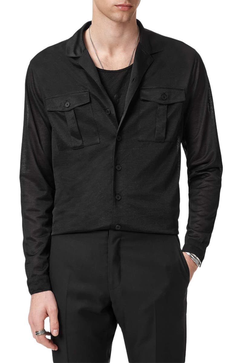 John Varvatos Sintra Summer Military Button-Up Shirt, Main, color, Black
