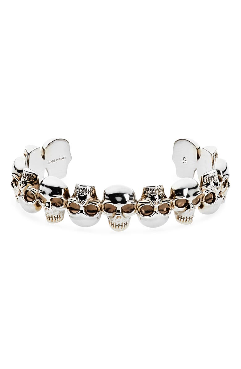 McQueen Men's Multi Skull Cuff Bracelet, Main, color, Antique Silver