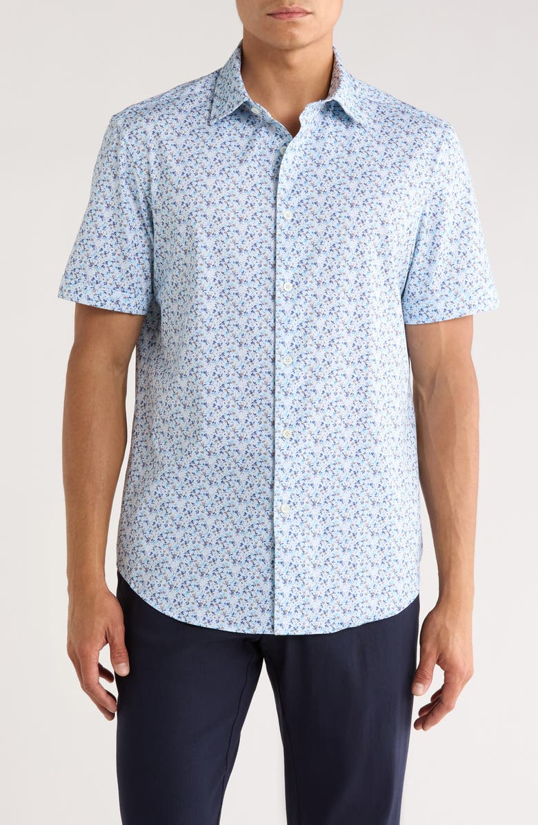 Bugatchi Miles Short Sleeve 8-Way Stretch OoohCotton<sup>®</sup> Button-Up Shirt, Main, color, Aqua