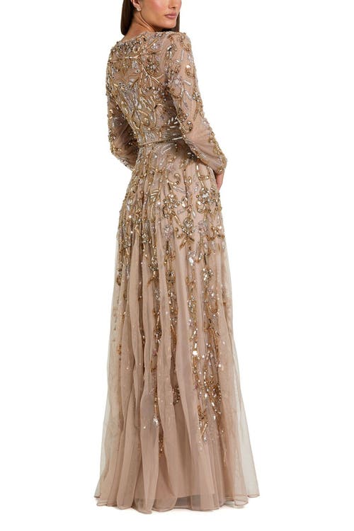 Mac Duggal Long Sleeve Hand Embellished Gown In Gold