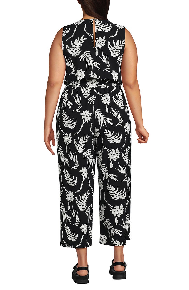 Lands' End Sleeveless Creaseless Wrap Jumpsuit with Smocked Waist, Alternate, color, Black Tropic Floral