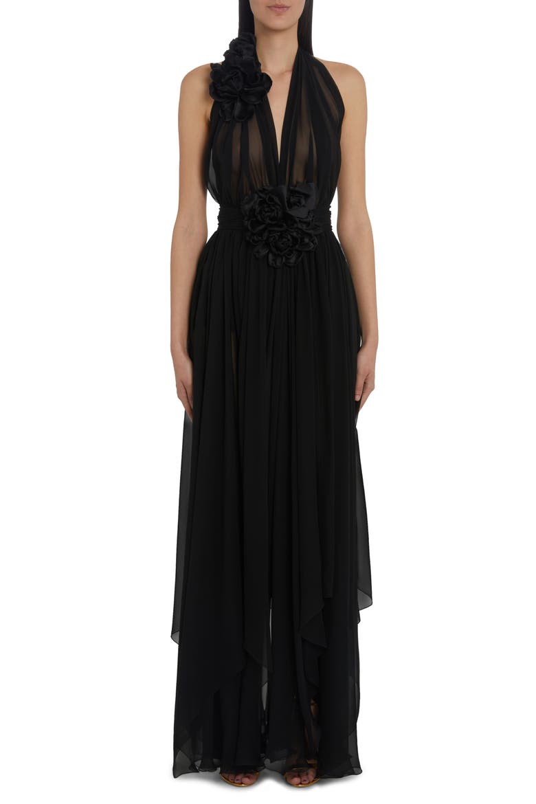 Rosette Detail Halter Neck Silk Chiffon Gown, Main, color, BLACK