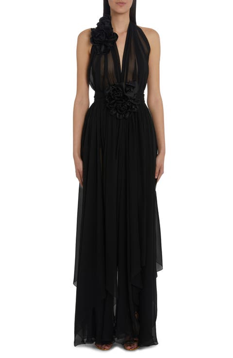 Rosette Detail Halter Neck Silk Chiffon Gown