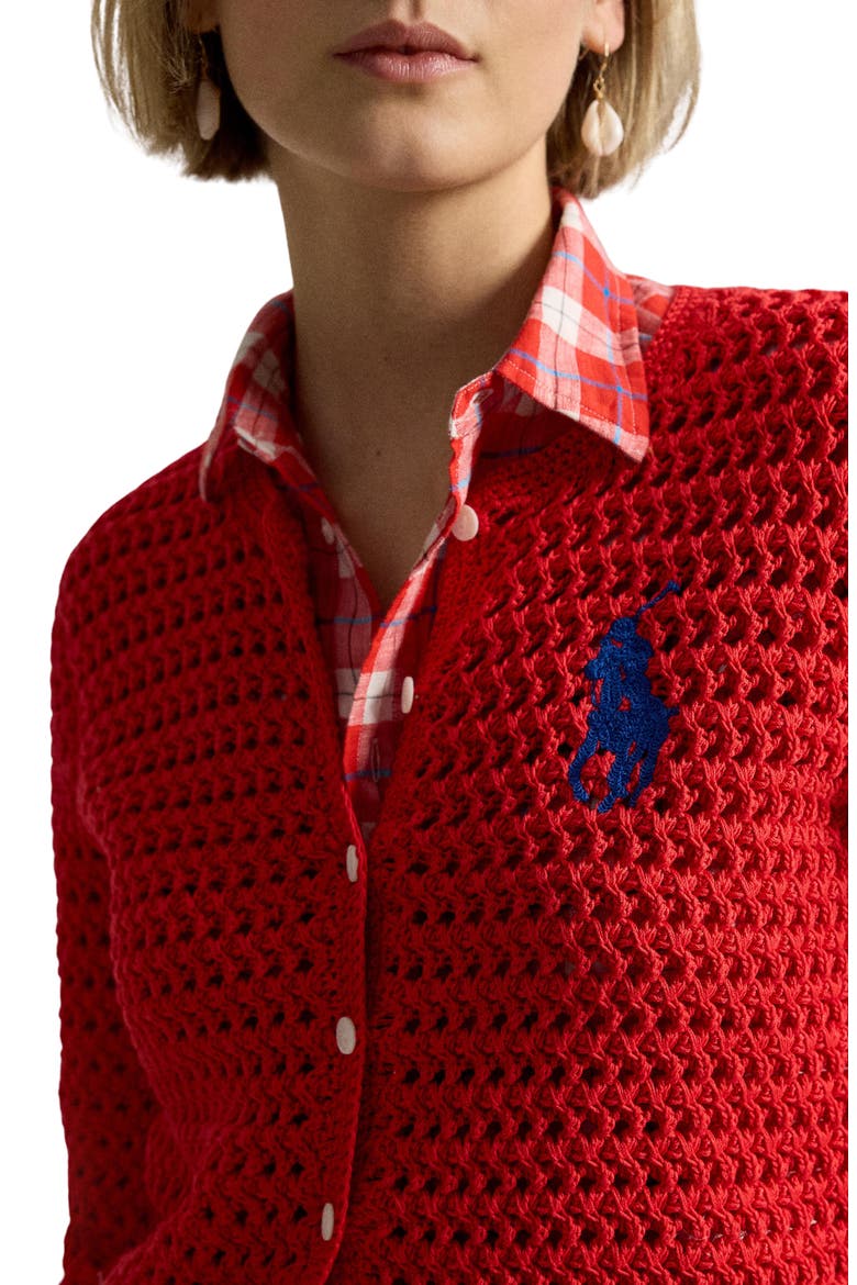 Big Pony Button-Up Cotton Crochet Crop Cardigan, Alternate, color, PETAL ROSE