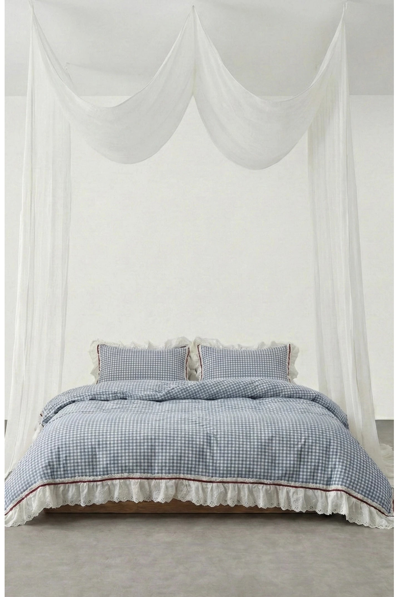 Gingham Floral Ruffle Bedding Set, Alternate, color, Blue