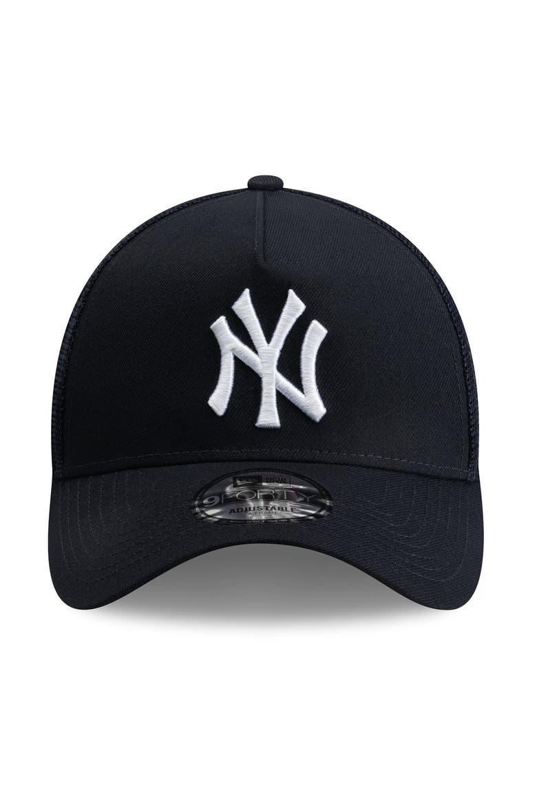 Men's New Era Navy New York Yankees Side Script 9FORTY A-Frame Trucker Adjustable Hat, Alternate, color, Navy