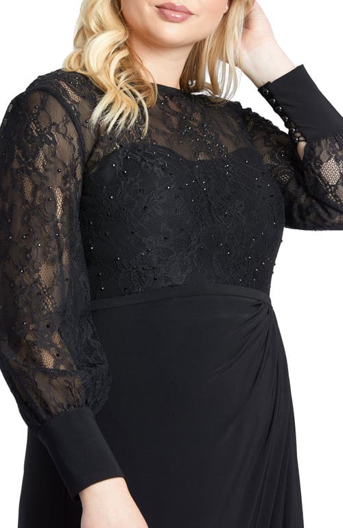 Mac Duggal Plus Size Lace Bodice & Jersey Long-sleeve Wrap Gown W/ Slit In Black