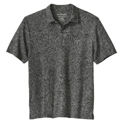 Men's Tommy Bahama Black Las Vegas Raiders IslandZone Wild Hibiscus Tri-Blend Polo