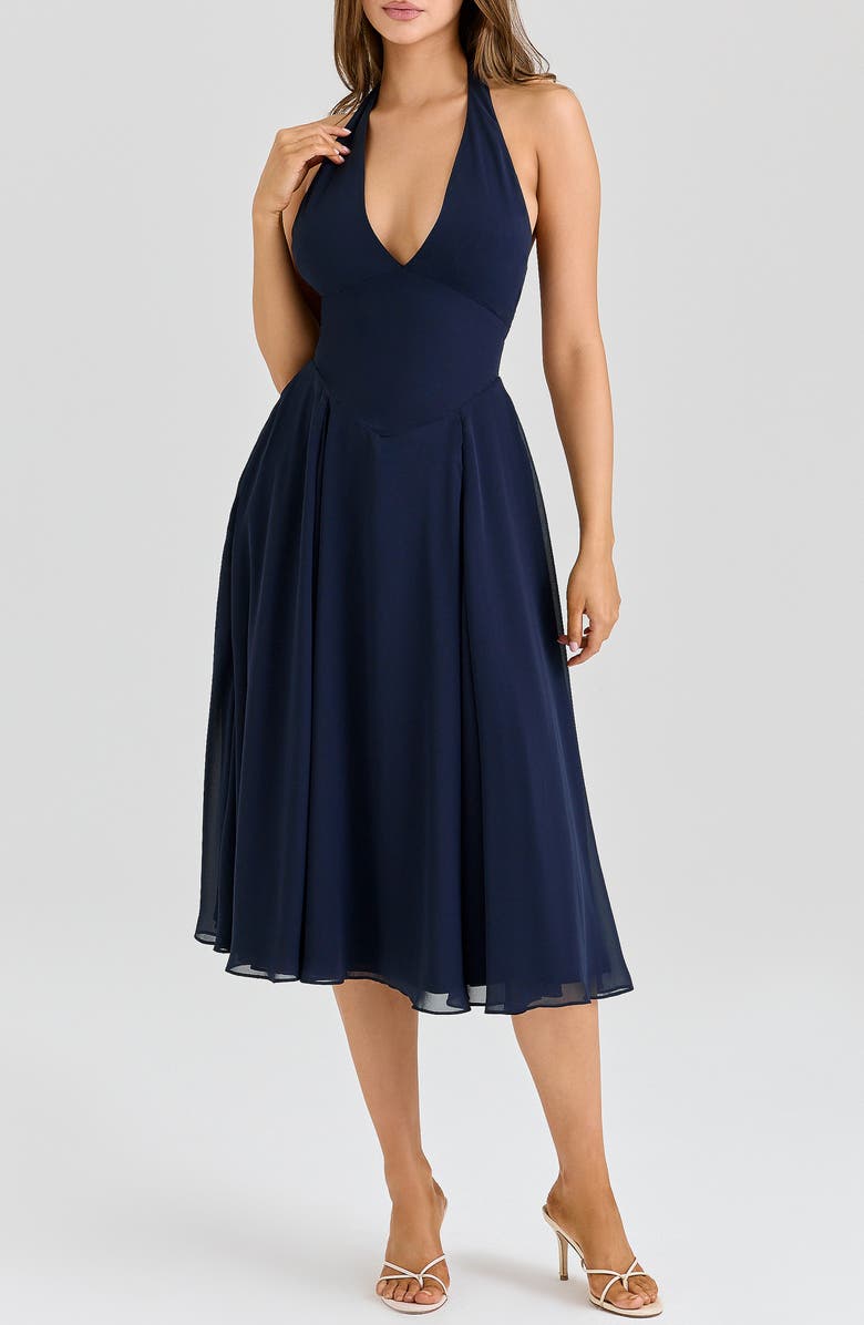 HOUSE OF CB Solada Georgette Halter Sundress, Alternate, color, Navy