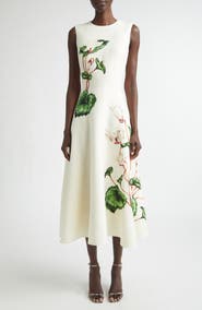 Oscar de la Renta Chiné Cyclamen Virgin Wool Blend Stretch Crepe Fit & Flare Midi Dress