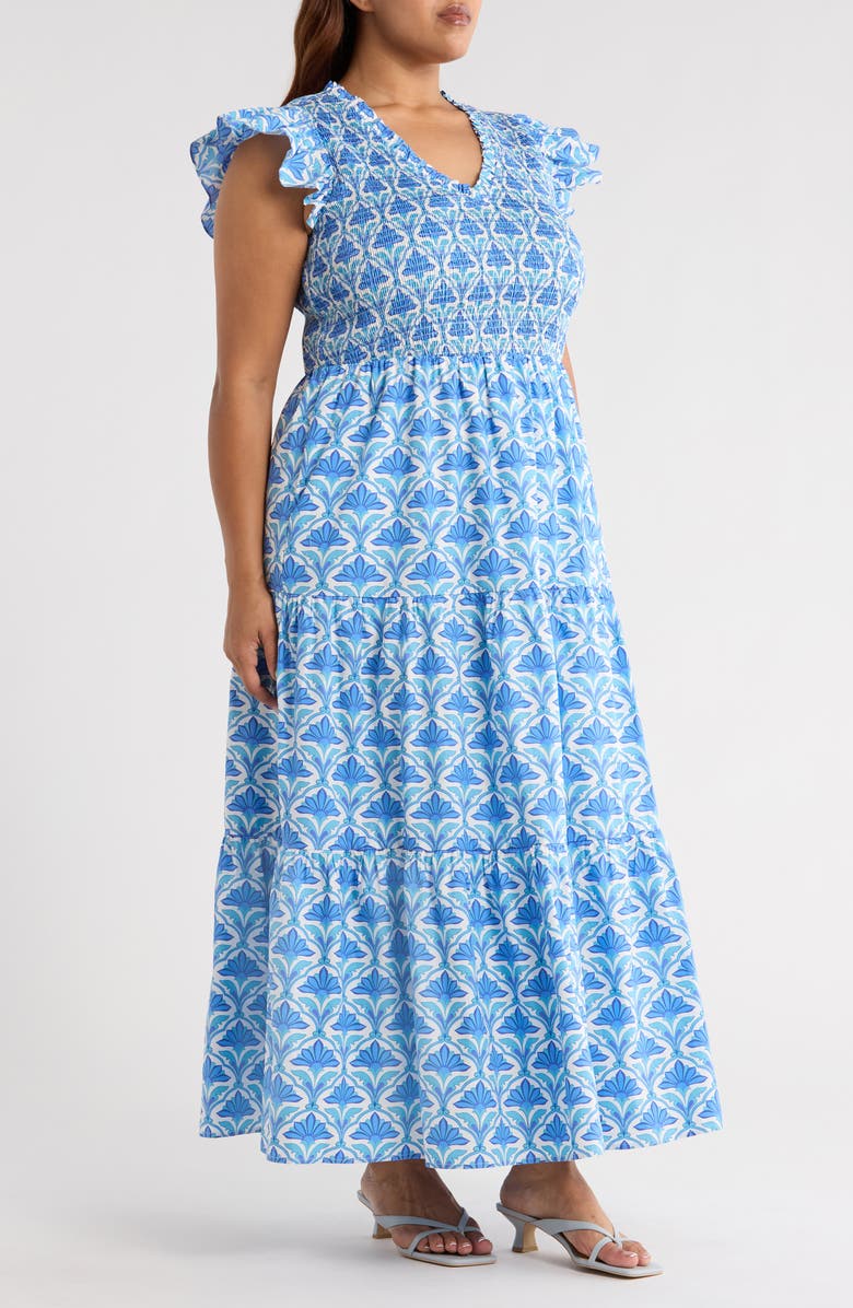 SUGARLIPS Sunfire Geo Floral Print Cotton Maxi Dress, Alternate, color, Blue/ White