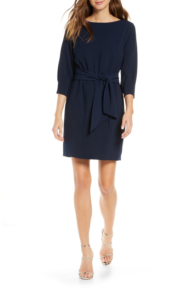 Tie Waist Crepe Sheath Dress, Main, color, NAVY