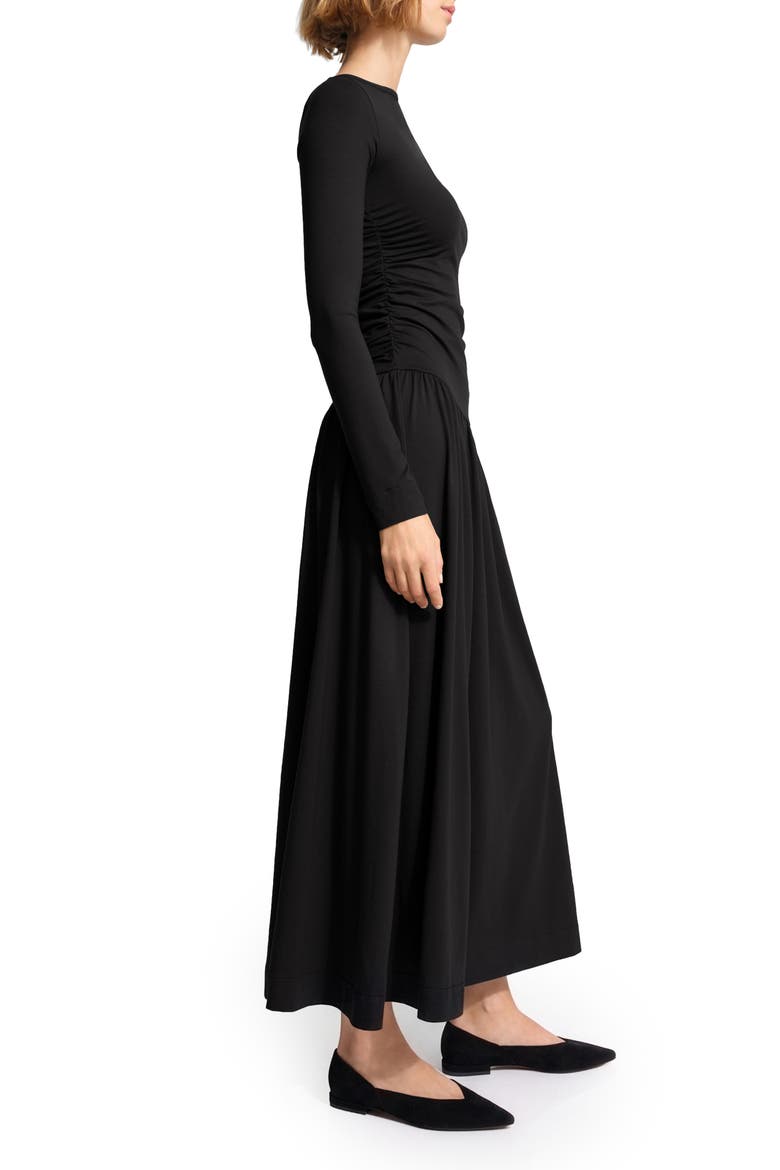 Lumi Ruched Drop Waist Midi Dress, Alternate, color, BLACK