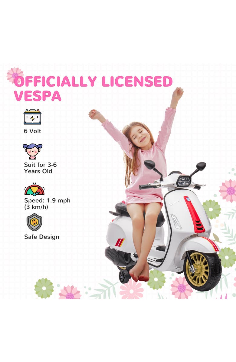 Qaba Vespa 6V Kids Electric Motorcycle with Music, FM Radio, Headlight, Single Button Start, Alternate, color, White