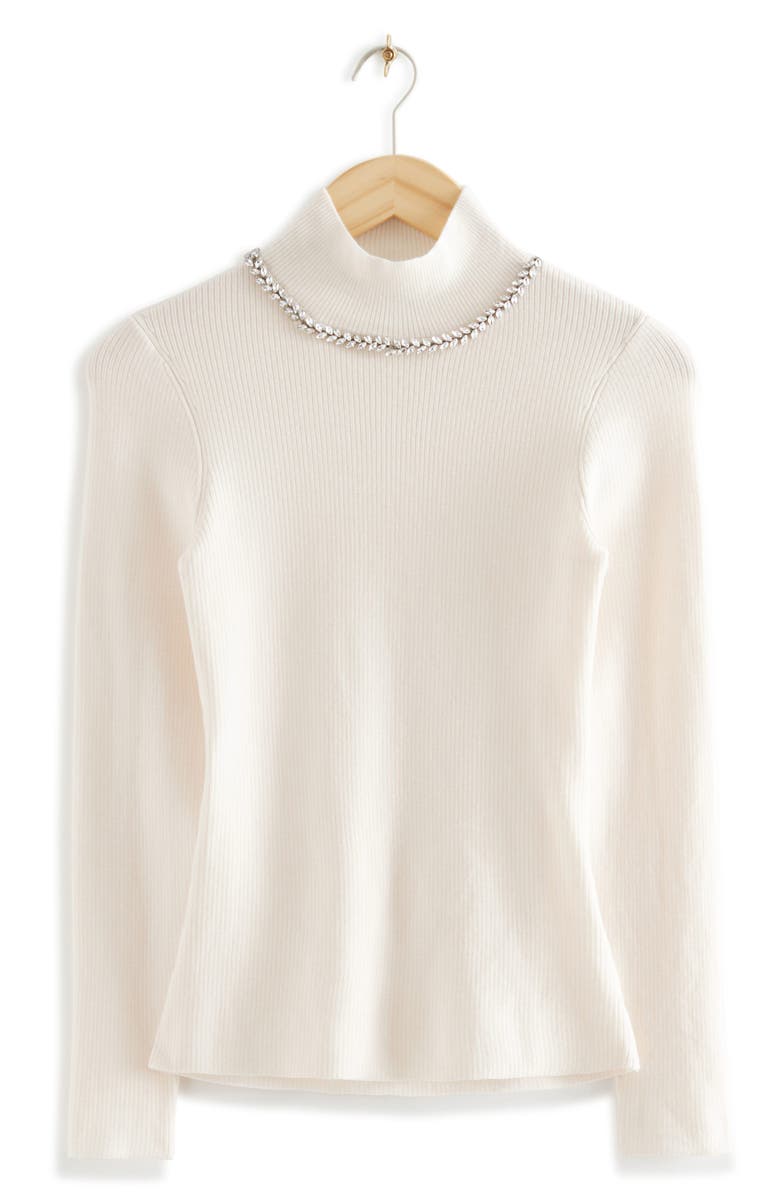 & Other Stories Crystal Embellished Neck Wool Blend Sweater, Main, color, White