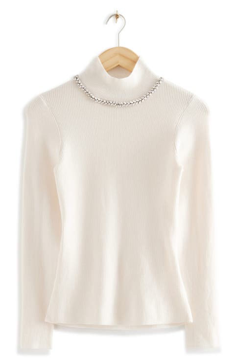 Crystal Embellished Neck Wool Blend Sweater