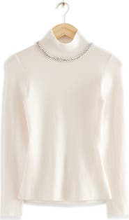 & Other Stories Crystal Embellished Neck Wool Blend Sweater