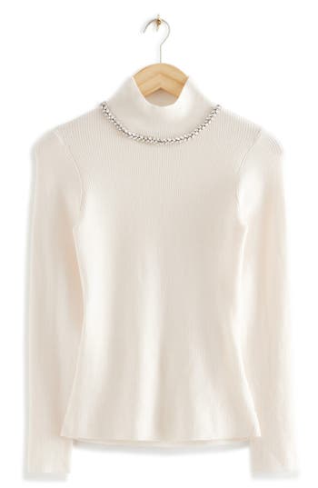 & Other Stories Crystal Embellished Neck Wool Blend Sweater In Neutral
